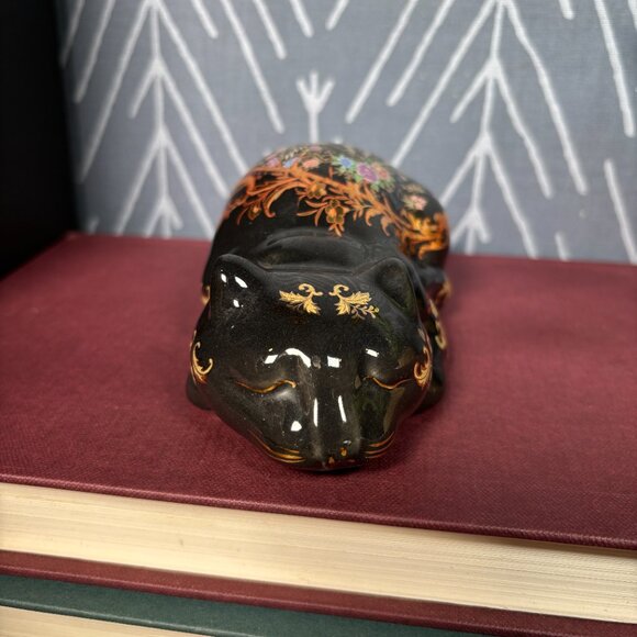 Vintage Satsuma Cat Figurine Black and Gold Ceramic Cat for Decor - Picture 4 of 16